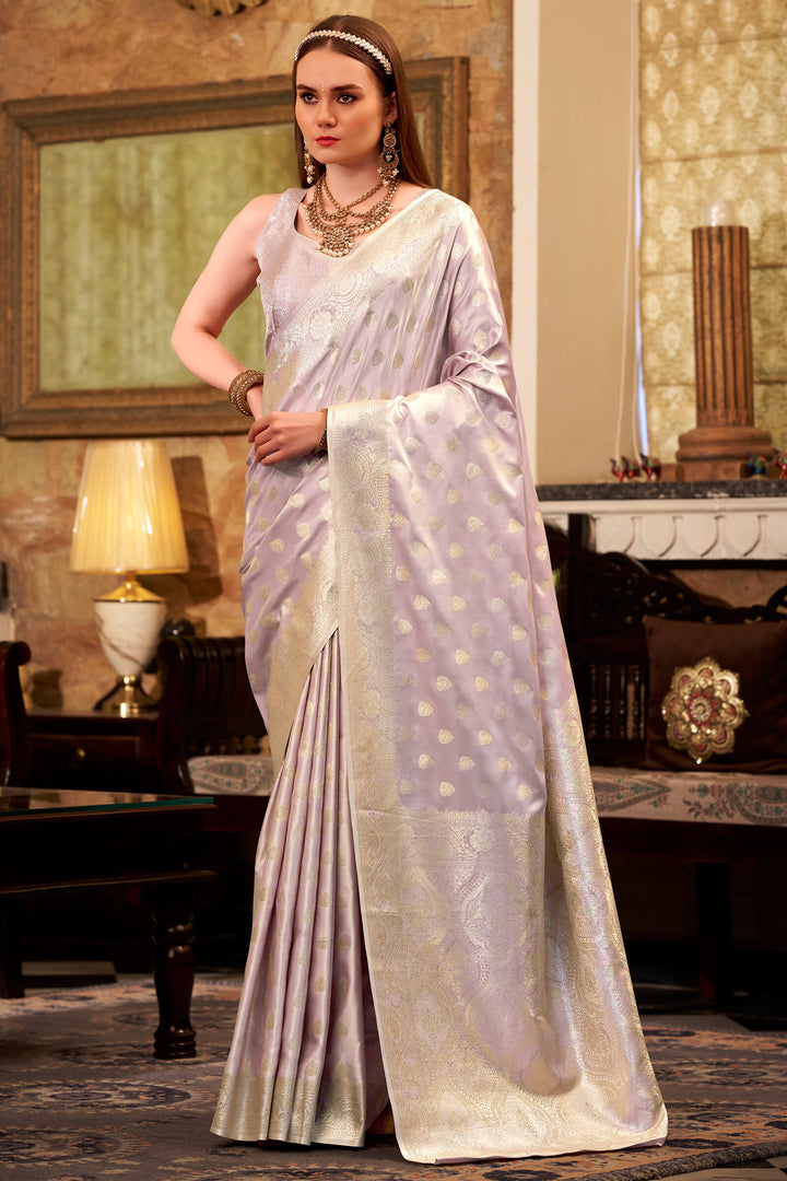 Greyish Lavendor Yellow Banarasi Satin Silk Saree