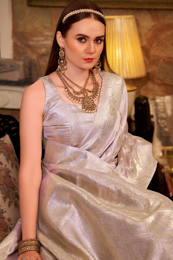 Greyish Lavendor Yellow Banarasi Satin Silk Saree