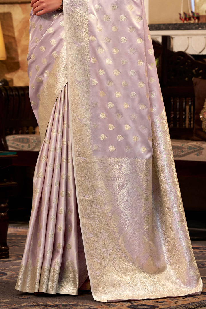 Greyish Lavendor Yellow Banarasi Satin Silk Saree