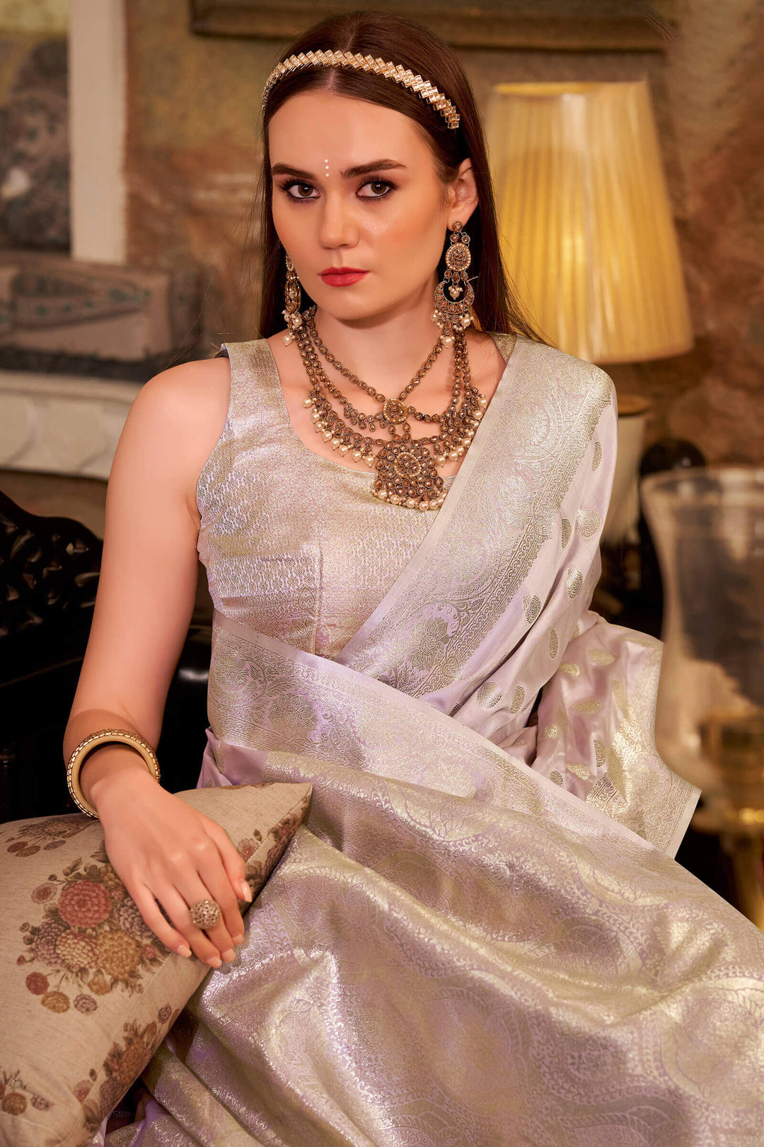 Greyish Lavendor Yellow Banarasi Satin Silk Saree