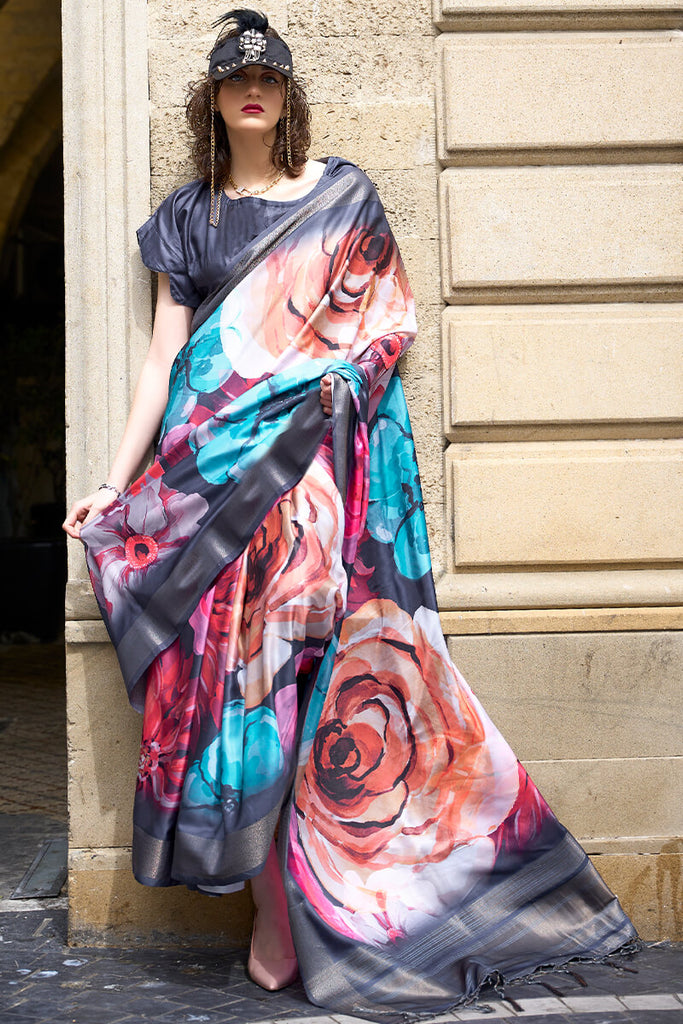 Greyish Multicolor Printed Silk Saree