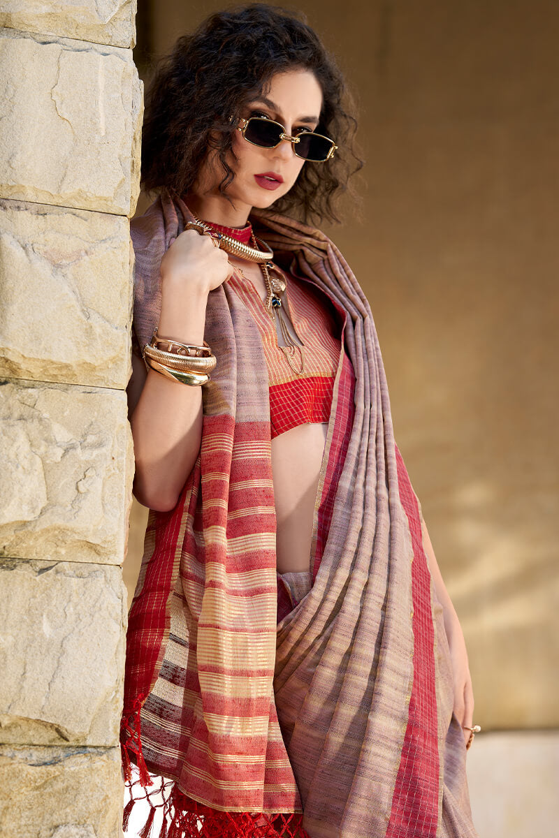 Greyish Pink Katan Silk Saree