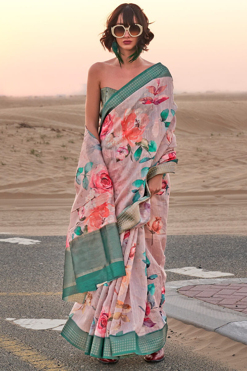 Greyish Pink Printed Linen silk saree