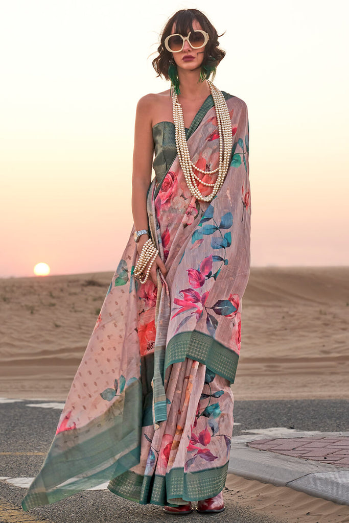 Greyish Pink Printed Linen silk saree