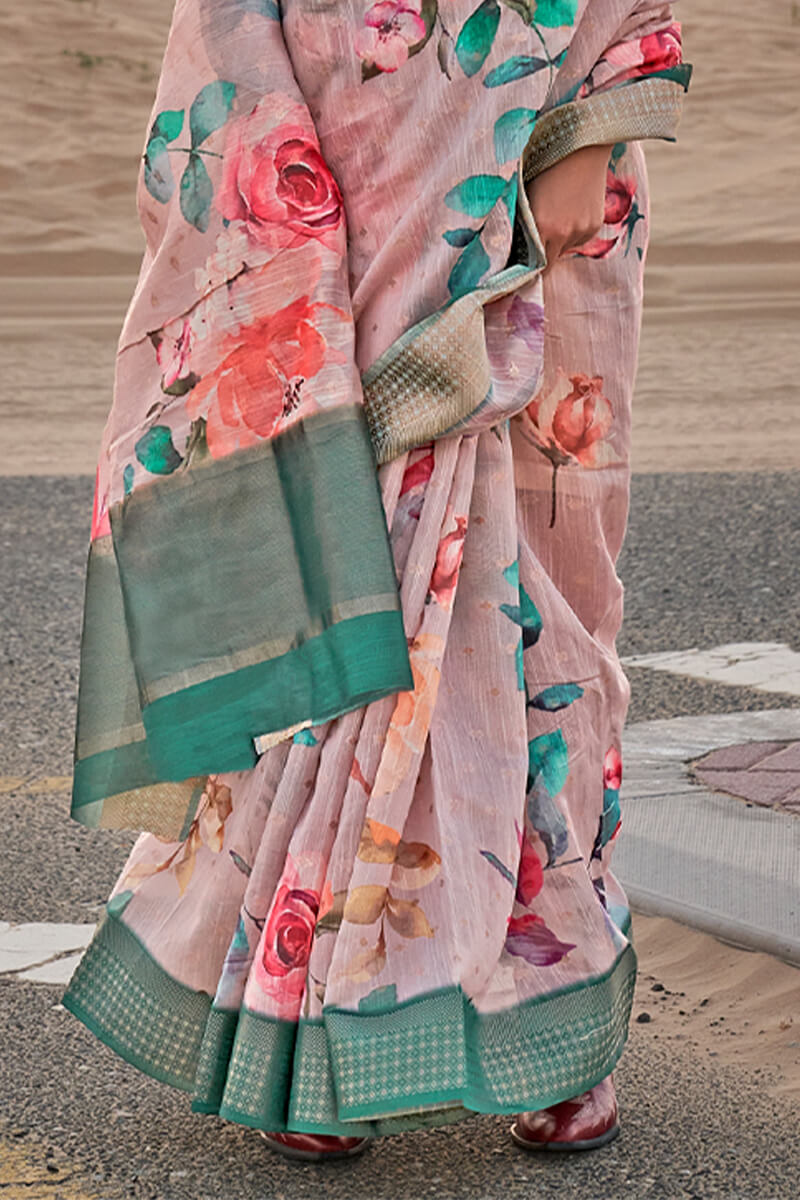 Greyish Pink Printed Linen silk saree