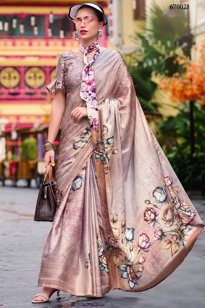 Greyish Pink Printed Satin Crepe Silk Saree