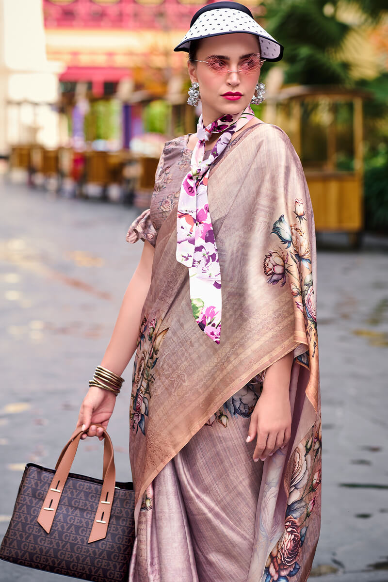 Greyish Pink Printed Satin Crepe Silk Saree