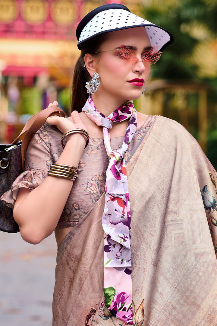 Greyish Pink Printed Satin Crepe Silk Saree