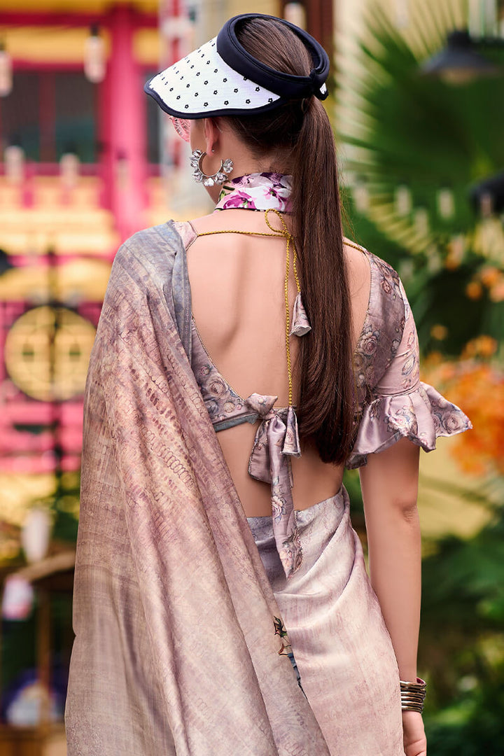 Greyish Pink Printed Satin Crepe Silk Saree