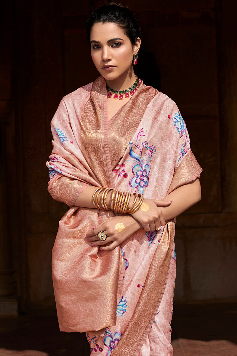 Greyish Pink Printed Silk Saree