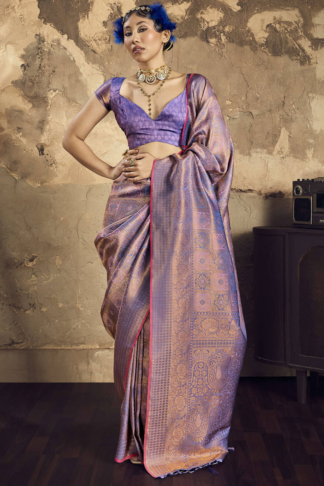 Greyish Purple Kanjivaram Silk Saree