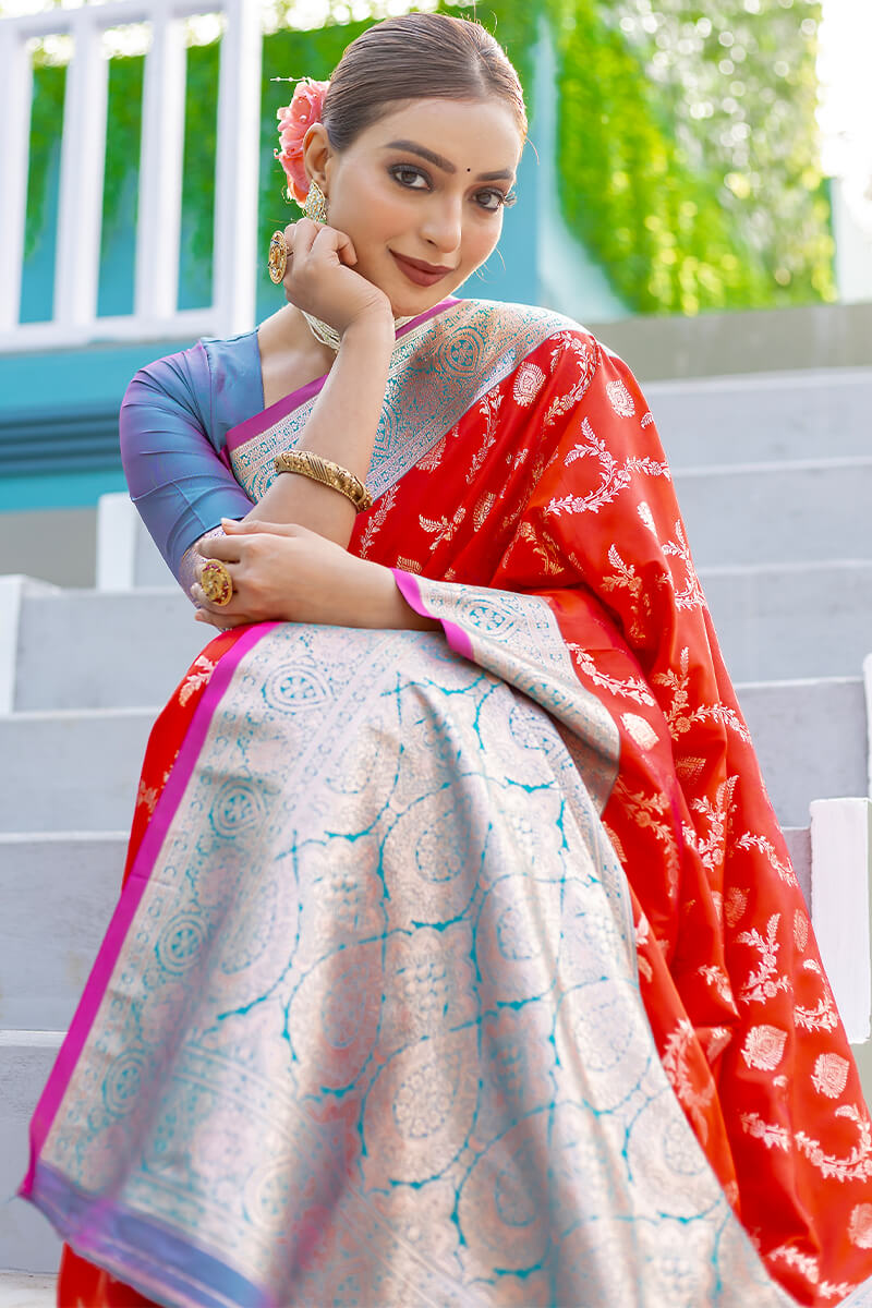 Guardsman Red Satin Banarasi Silk Saree