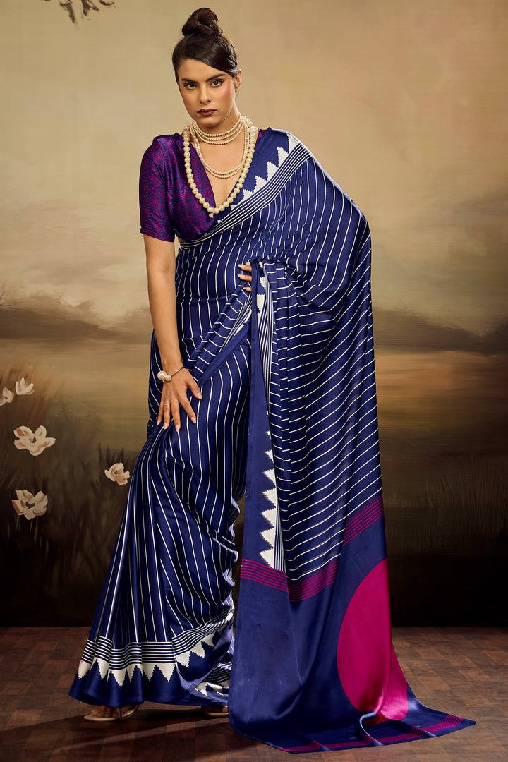 Gulf Blue Ajrakh Printed Satin Silk Saree