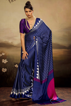Gulf Blue Ajrakh Printed Satin Silk Saree