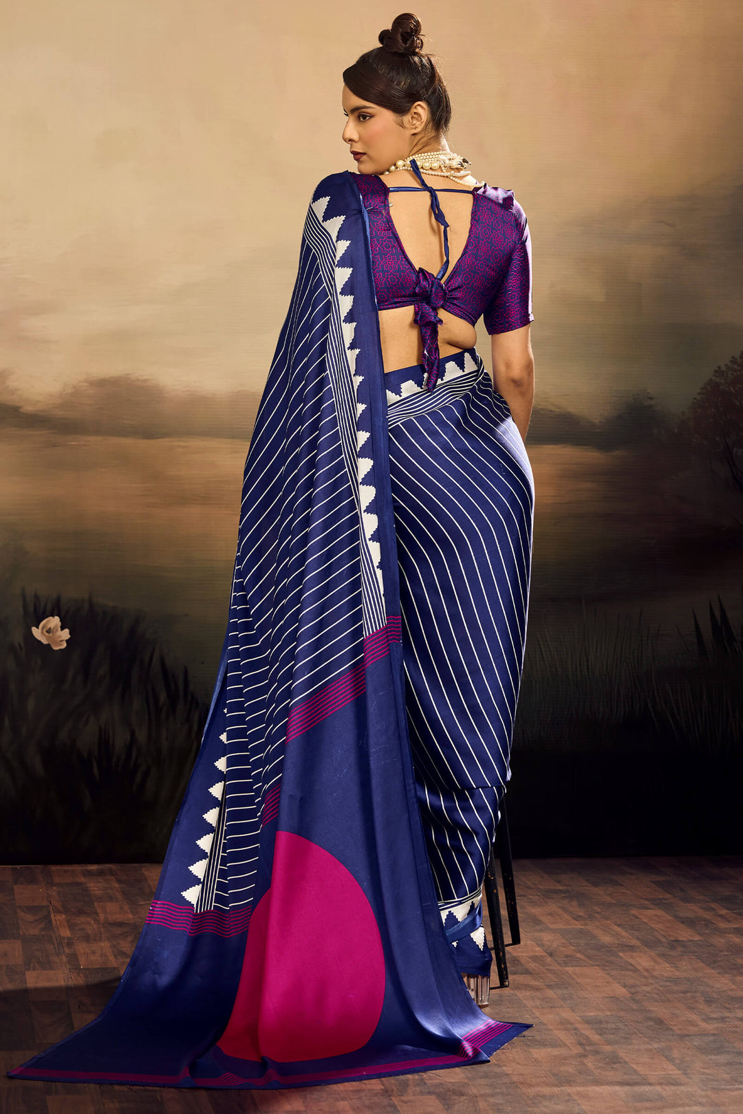 Gulf Blue Ajrakh Printed Satin Silk Saree