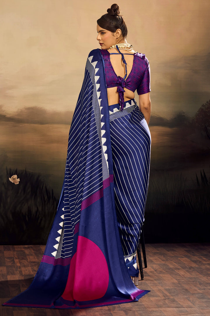 Gulf Blue Ajrakh Printed Satin Silk Saree