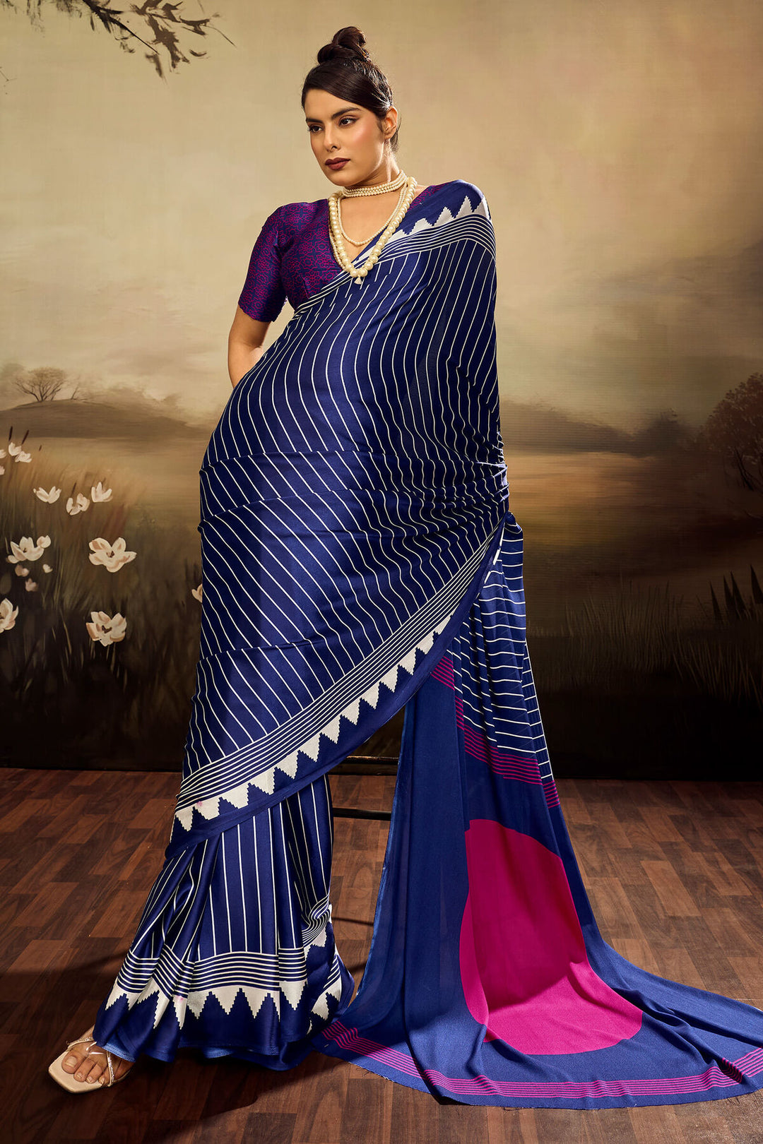 Gulf Blue Ajrakh Printed Satin Silk Saree