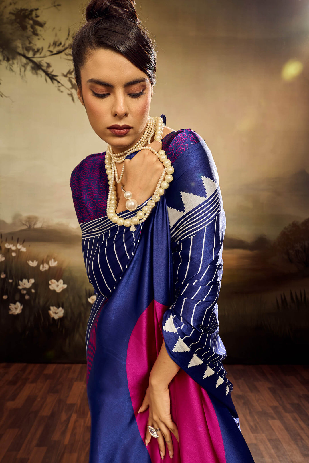 Gulf Blue Ajrakh Printed Satin Silk Saree