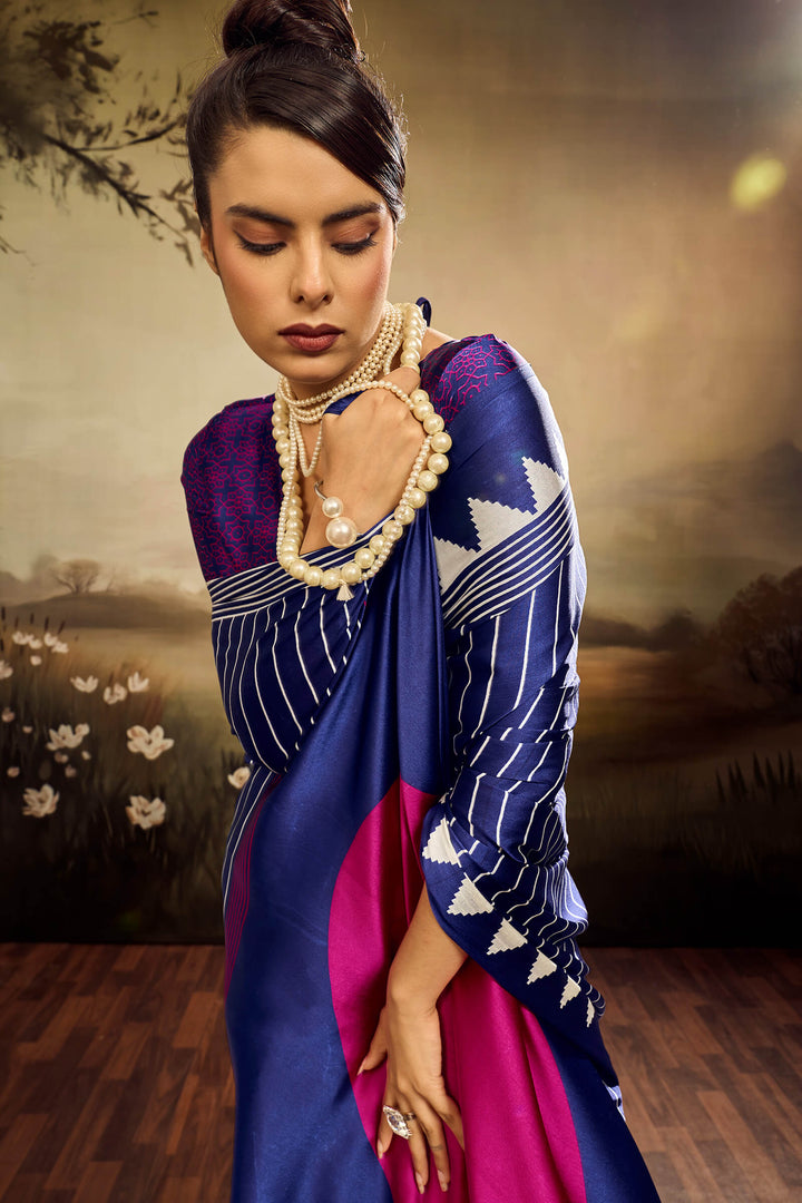 Gulf Blue Ajrakh Printed Satin Silk Saree