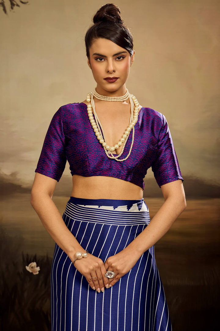Gulf Blue Ajrakh Printed Satin Silk Saree