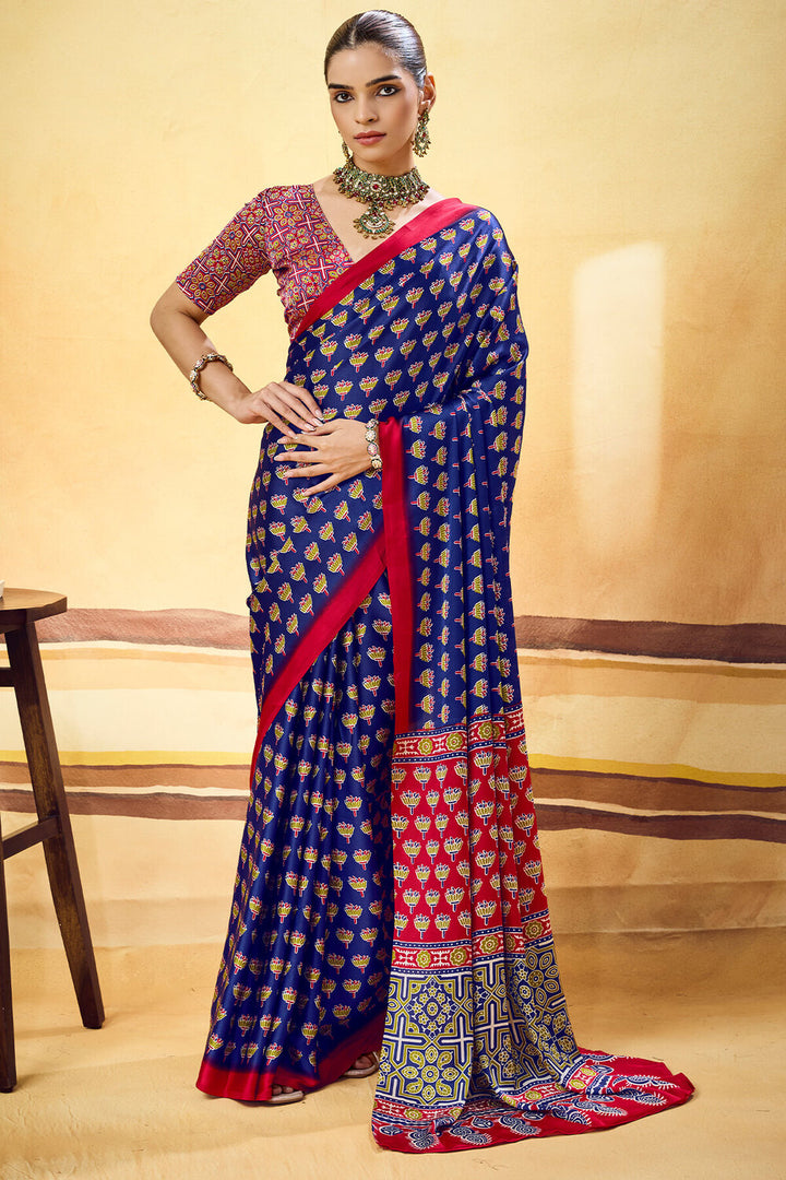 Gulf Blue Ajrakh Printed Semi Modal Satin Silk Saree