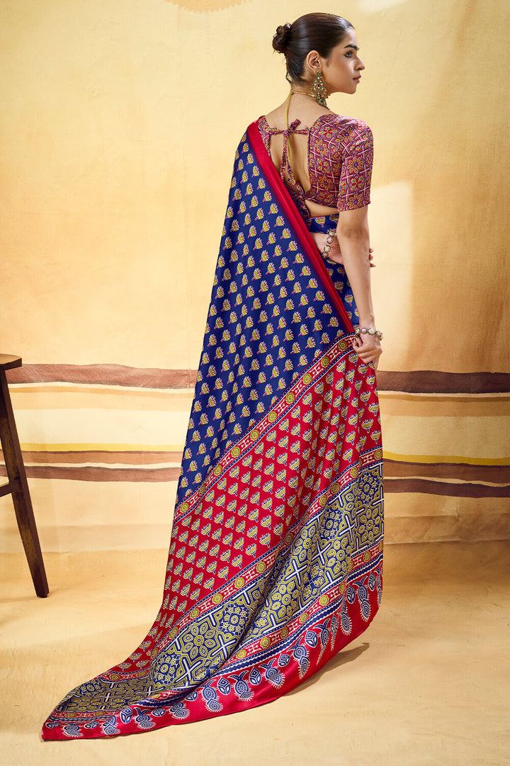 Gulf Blue Ajrakh Printed Semi Modal Satin Silk Saree