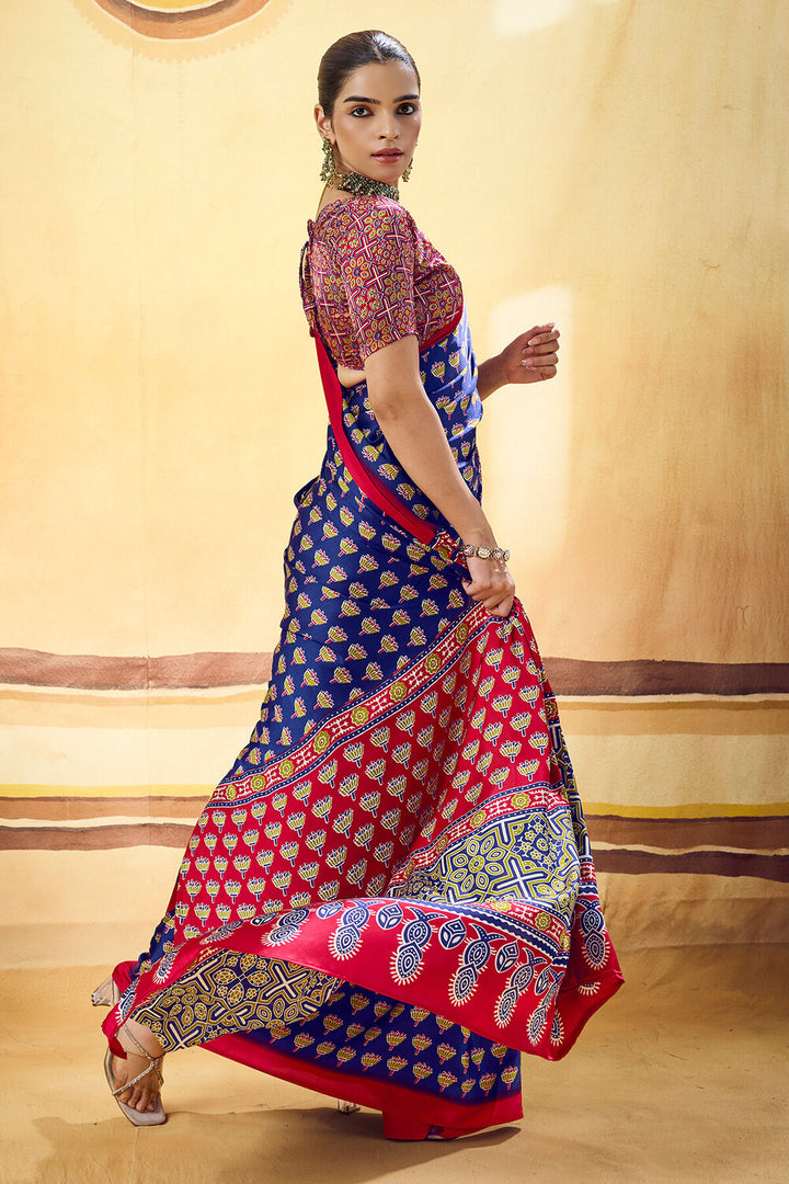 Gulf Blue Ajrakh Printed Semi Modal Satin Silk Saree