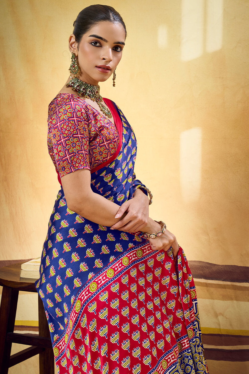 Gulf Blue Ajrakh Printed Semi Modal Satin Silk Saree