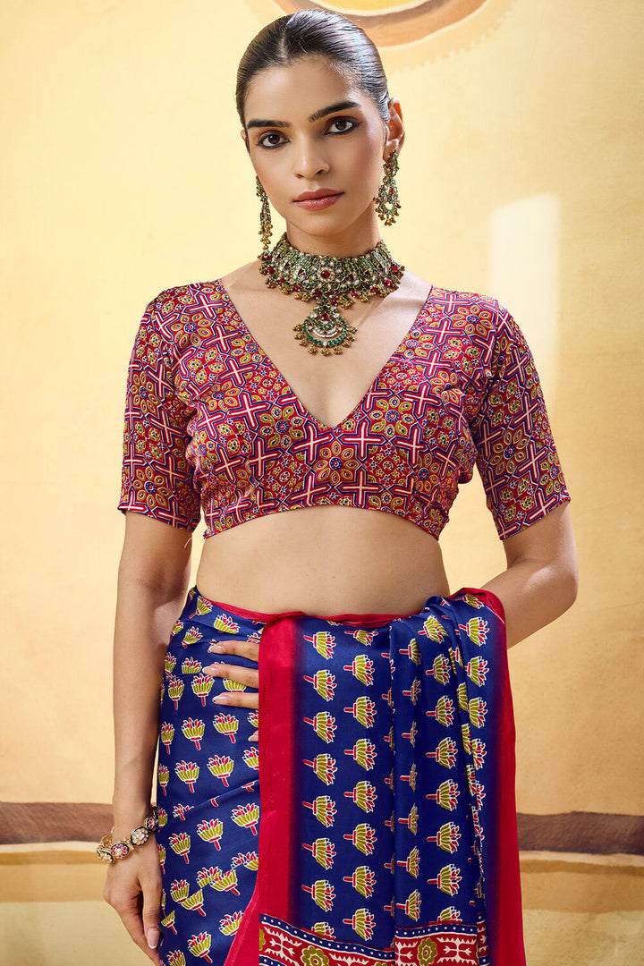 Gulf Blue Ajrakh Printed Semi Modal Satin Silk Saree
