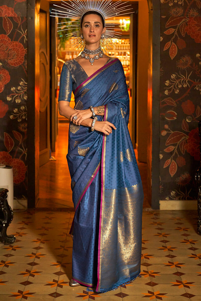 Gulf Blue Handloom Banarasi Silk Saree