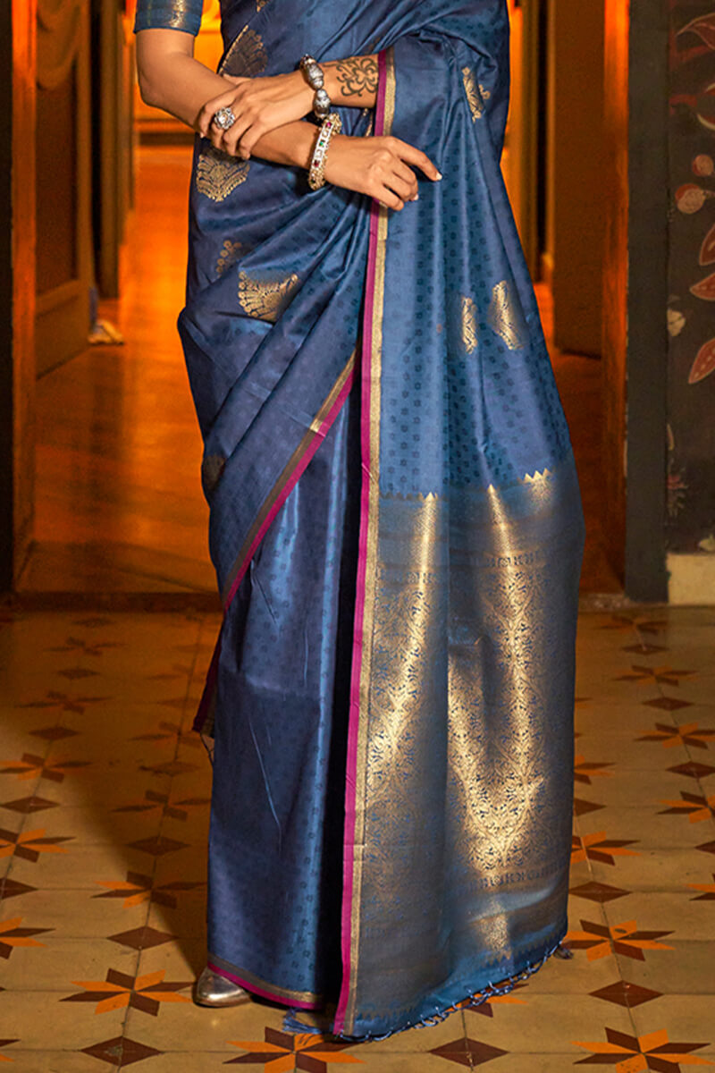 Gulf Blue Handloom Banarasi Silk Saree