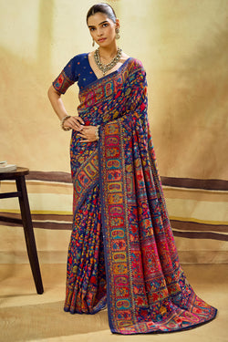 Gulf Blue Kashmiri Modal Pashmina Silk Saree