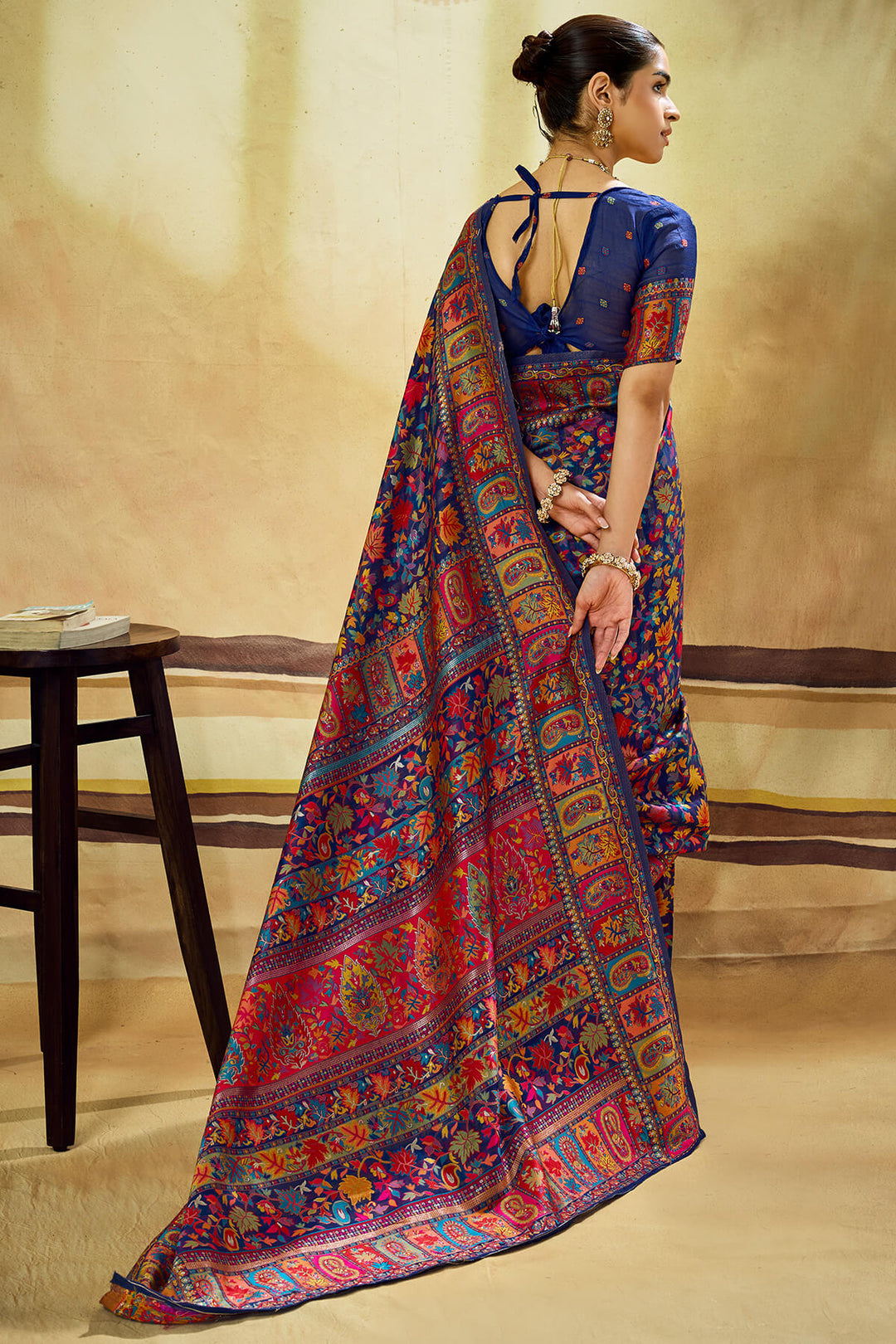 Gulf Blue Kashmiri Modal Pashmina Silk Saree