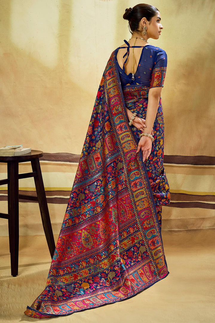 Gulf Blue Kashmiri Modal Pashmina Silk Saree