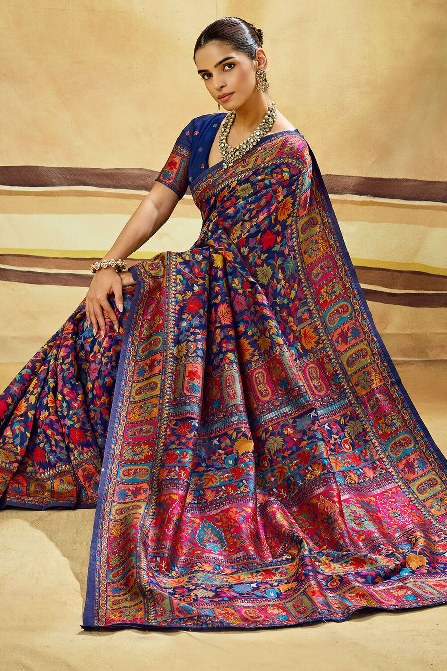 Gulf Blue Kashmiri Modal Pashmina Silk Saree