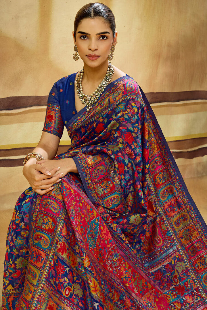 Gulf Blue Kashmiri Modal Pashmina Silk Saree