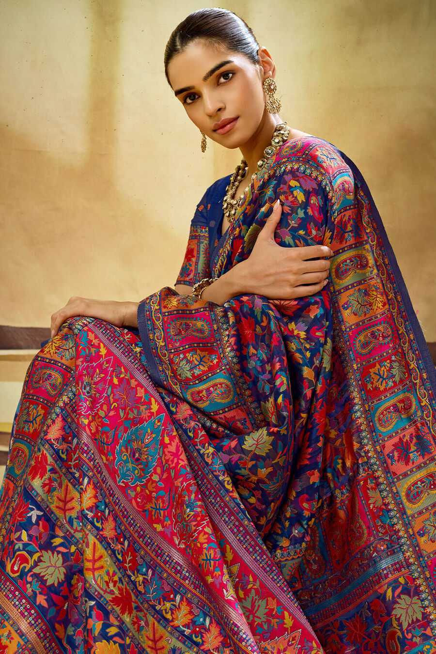 Gulf Blue Kashmiri Modal Pashmina Silk Saree