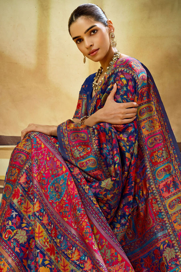 Gulf Blue Kashmiri Modal Pashmina Silk Saree