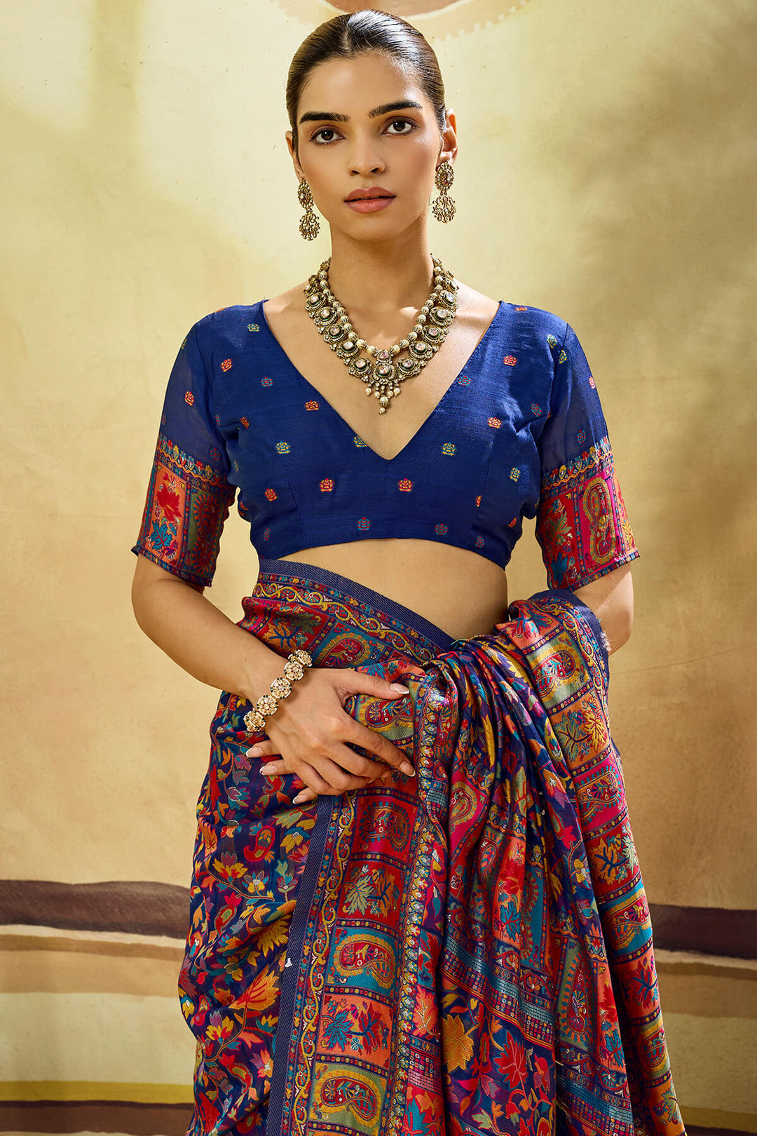 Gulf Blue Kashmiri Modal Pashmina Silk Saree