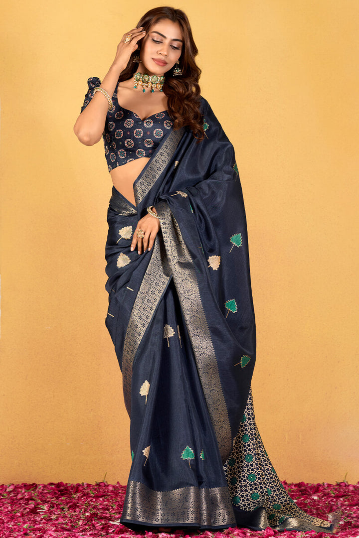 Gun Powder Blue Foil Printed Pure Dola Silk Saree