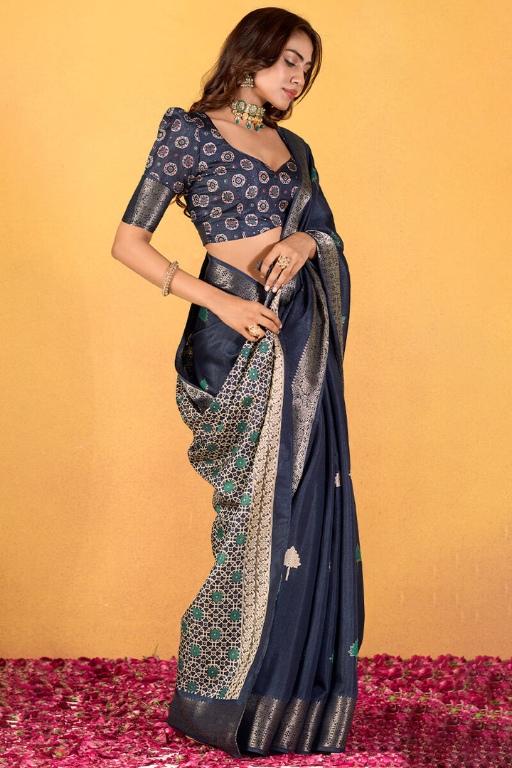 Gun Powder Blue Foil Printed Pure Dola Silk Saree