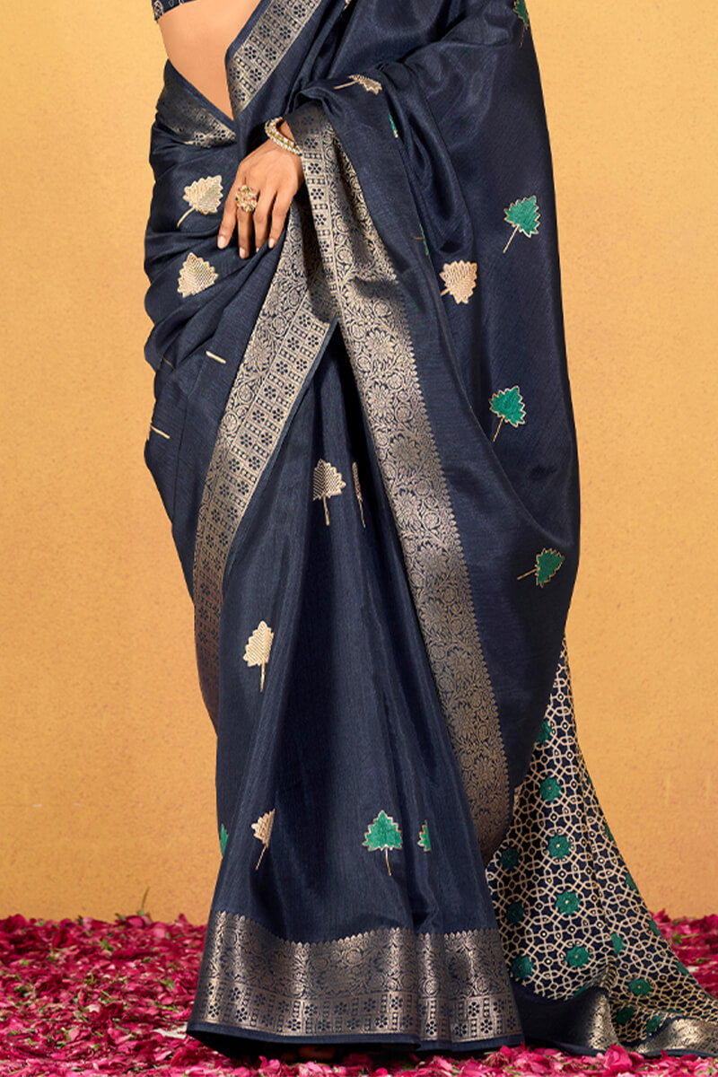 Gun Powder Blue Foil Printed Pure Dola Silk Saree