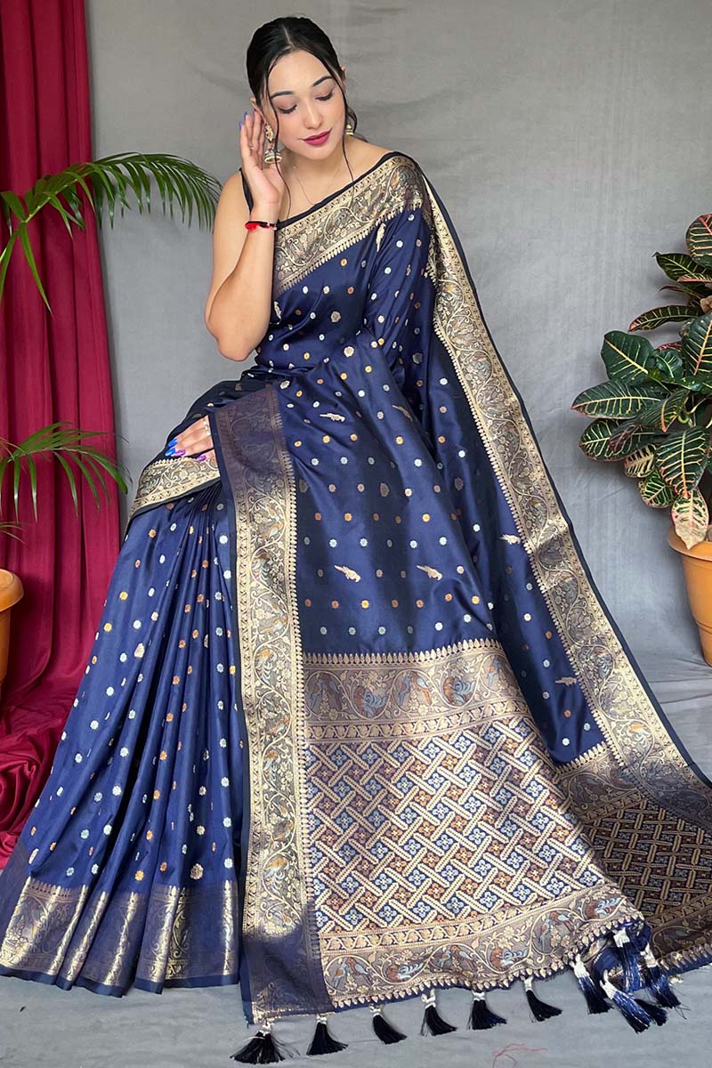 Gun Powder Blue Soft Banarasi Silk Saree