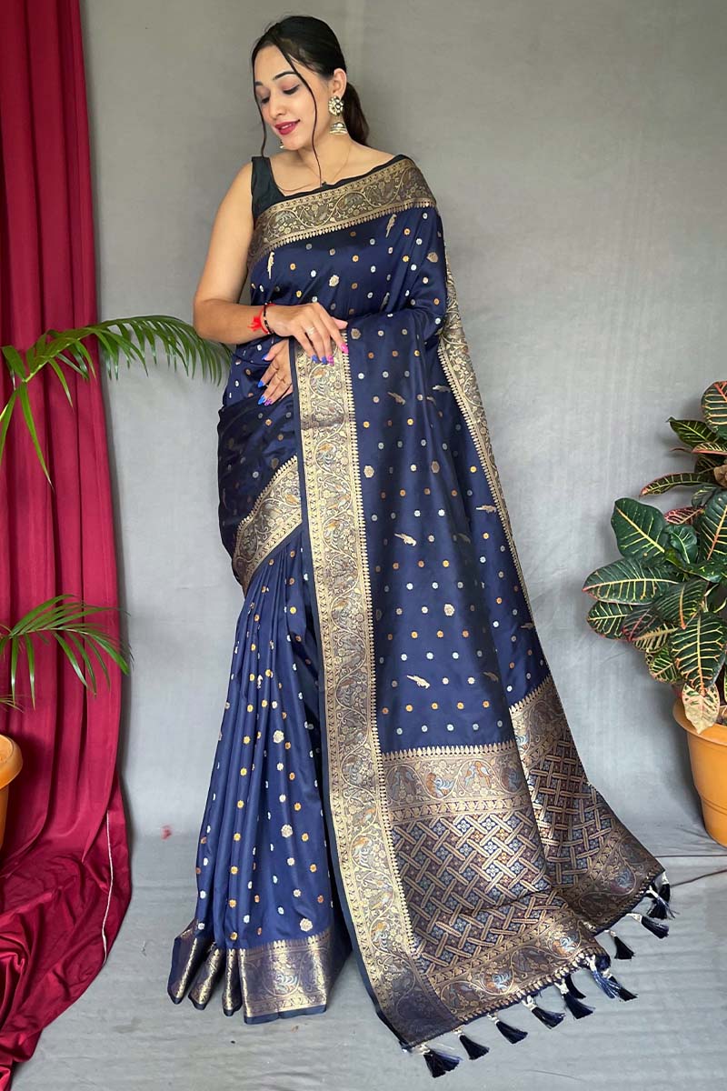 Gun Powder Blue Soft Banarasi Silk Saree