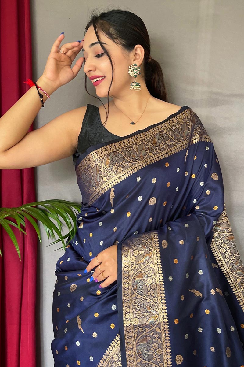 Gun Powder Blue Soft Banarasi Silk Saree