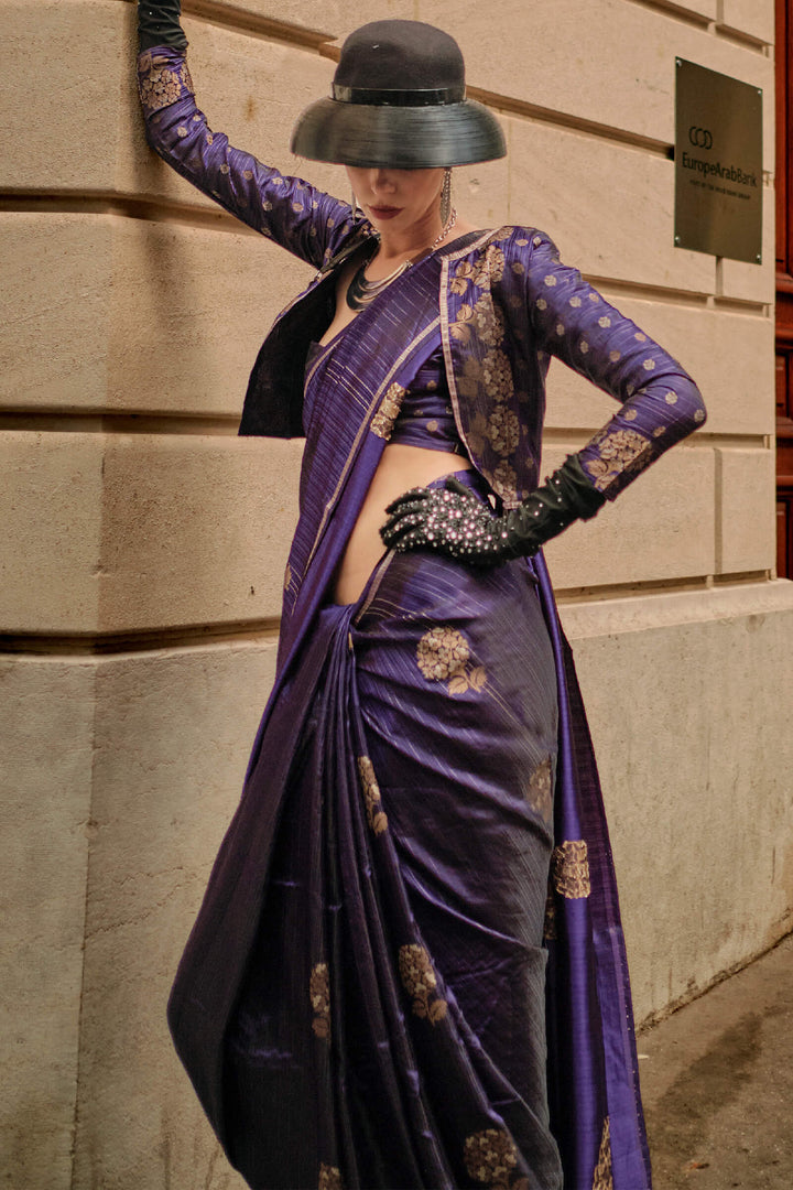 Gun Powder Blue Zari Line Banarasi Satin Silk Saree