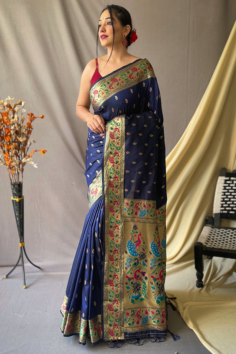 Gun Powder Blue Zari Woven Paithani Silk Saree