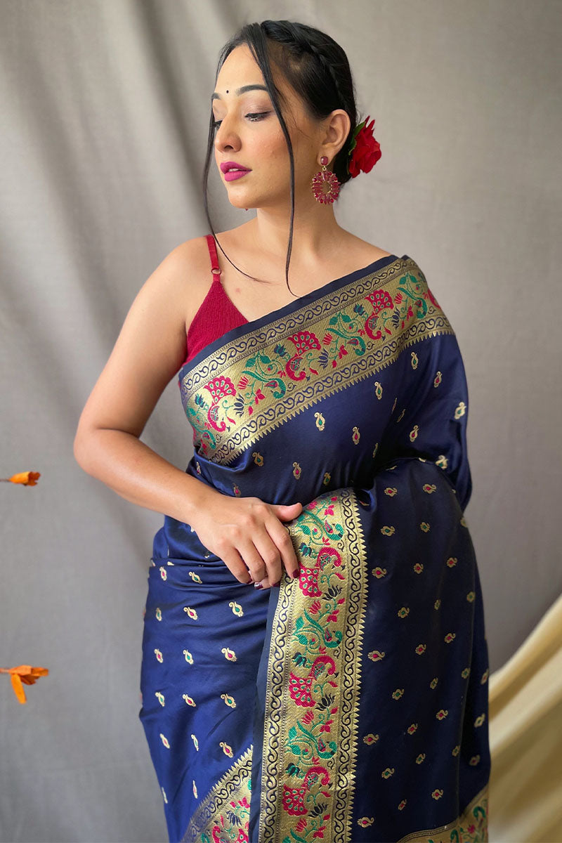 Gun Powder Blue Zari Woven Paithani Silk Saree