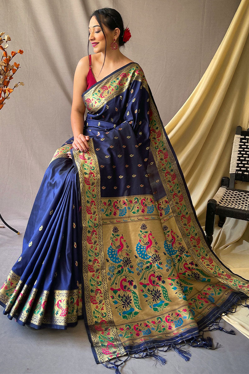 Gun Powder Blue Zari Woven Paithani Silk Saree