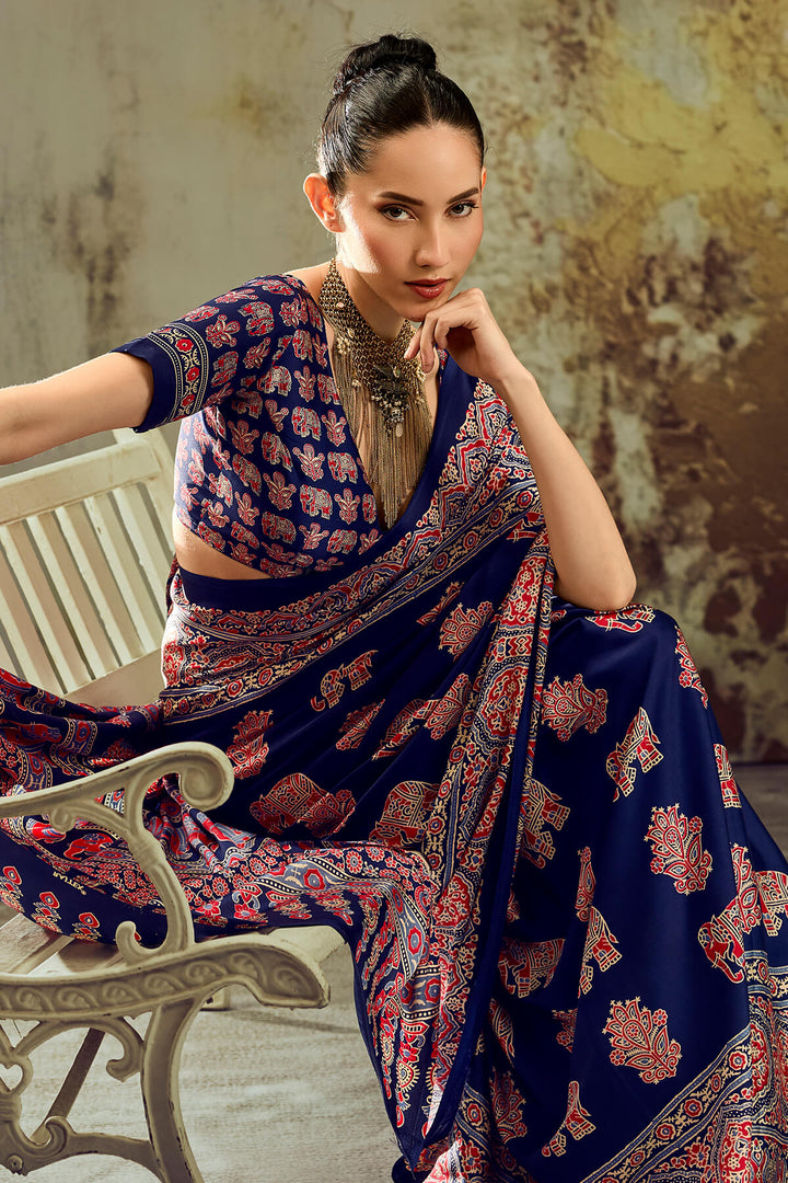 Haiti Blue Ajrakh Printed Satin Silk Saree